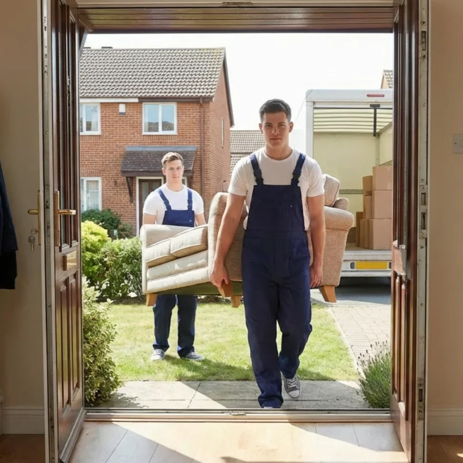 Home removal workers carrying a sofa